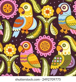 colored parrots in flowers on a dark background
