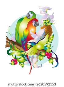 Colored parrots. Isolated vector illustration