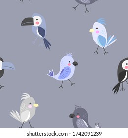 Colored parrots and toucan bird. Seamless pattern. Creative children's style for printing on fabric, paper, wallpaper, clothes. Vector illustration isolated on a blue background.