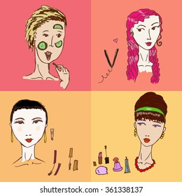 Colored partly hand drawn image of four girls taking care about themselves. Can be used in fashion and textile industry or as a decoration for magazine article.