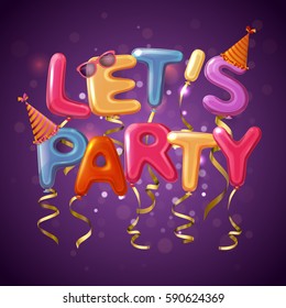 Colored party balloon letters background with let s play headline on purple fond vector illustration