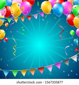 Colored Party Balloons and Confetti on Blue Background . Isolated Vector Elements