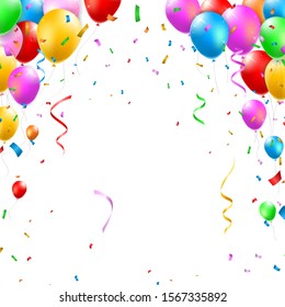 Colored Party Balloons And Confetti On White Background . Isolated Vector Elements