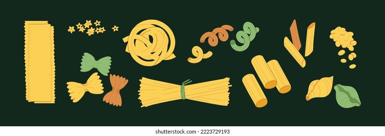 Colored pasta with basil or tomatoes on dark back. Different types of noodles for italian cuisine menu or decorating cafe, restaurant, kitchen with fettuccine nests, spaghetti, penne. Isolated vector