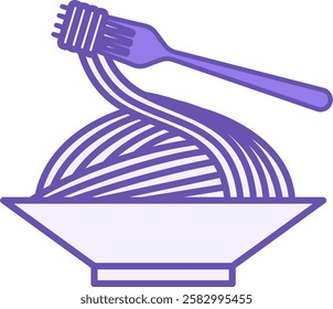 Colored Pasta Icon. Vector Drawing. Italian Dish, Food. Cooked Macaroni on a Plate. Fork. Meal Concept