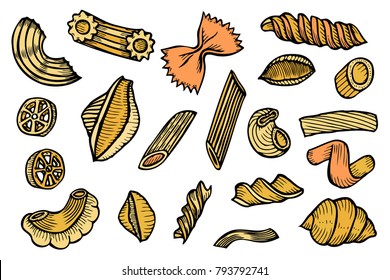 Colored Pasta set, Hand drawn artwork. Collection of different types. Retro line art vector illustration. Gluten Food from wheat, flour. Isolated on white background
