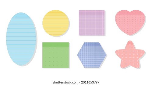 Colored pastel paper sticky notes set. Memo stickers with different linear, cross, dotted and grid patterns. Various shapes empty notepad of reminders messages. Isolated on white vector illustration