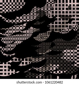 Colored patchwork with organic and geometric shapes. Checkered patterns and uneven distorted elements. Eccentric vibrant vector background for modern fashion, design, textile, cloth, packaging.

