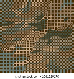 Colored patchwork with organic and geometric shapes. Checkered patterns and uneven distorted elements. Eccentric vibrant vector background for modern fashion, design, textile, cloth, packaging.

