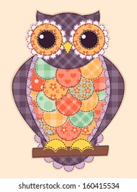 Colored patchwork owl. Vector quilt illustration.