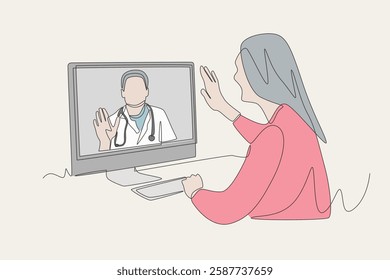 Colored patient is consulting with a doctor via video call. Virtual consultation with doctors over video call concept one-line drawing