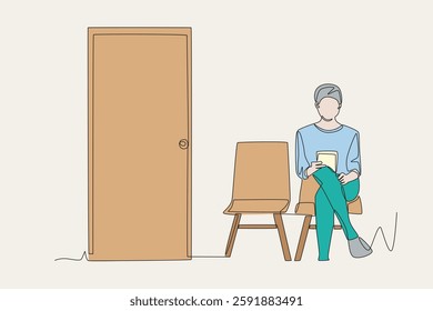 Colored patients waiting while playing with their smartphones in the clinic waiting room. Waiting in the clinic waiting room concept one-line drawing