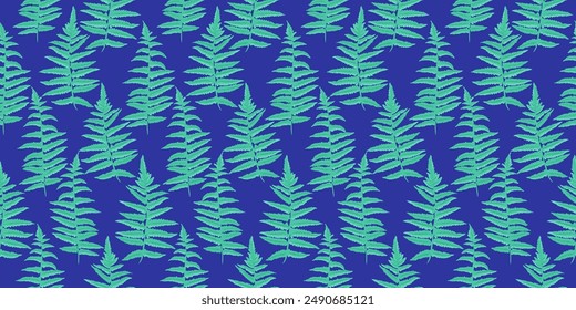 Colored pattern with abstract artistic branches leaves fern. Garden shapes leaf seamless print on a blue background. Vector hand drawing. Simple ornament for designs textile, fabric,cover