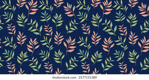 Colored pattern with abstract artistic tiny branches leaves. Stylized small leaf stems print on a dark blue background. Vector drawing illustration. Nature ornament for textile, fabric, wallpaper