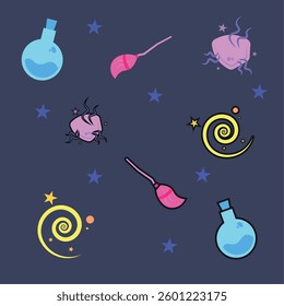 Colored pattern background with different magic icons Vector