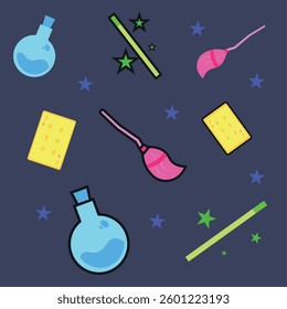Colored pattern background with different magic icons