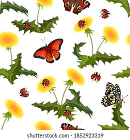 Colored pattern with dandelions and butterflies.Dandelions and butterflies on a white background in a colored seamless pattern.