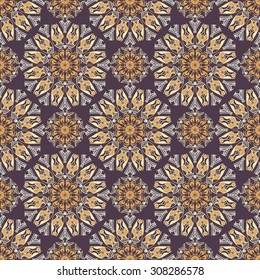 Colored pattern with decorative symmetric ornaments. Vector seamless texture
