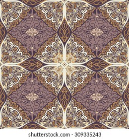 Colored pattern with decorative symmetric ornaments. Vector seamless texture
