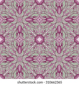 Colored pattern with decorative symmetric ornaments. Vector seamless texture