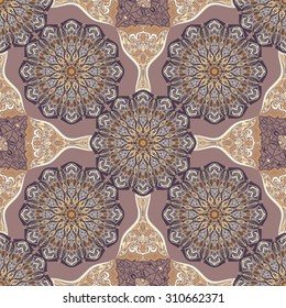 Colored pattern with decorative symmetric ornaments. Vector seamless texture