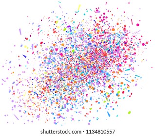 Colored pattern with falling multicolored confetti on white background. Texture with glitters for design. Greeting cards. Print for polygraphy, posters, banners and textiles
