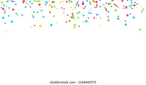 Colored pattern with geometric elements on white. Holiday background with confetti. Texture from glitters. Festive frame. Print for banners, posters, t-shirts and textiles. Greeting cards