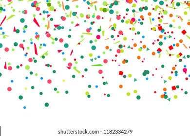 Colored pattern with geometric elements on white. Holiday background with confetti. Texture from glitters. Festive frame. Print for banners, posters, t-shirts and textiles. Greeting cards