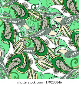 colored pattern with green paisley on mint green background