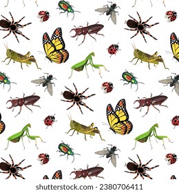 Colored pattern with insects.Vector seamless pattern with colorful insects on a transparent background.