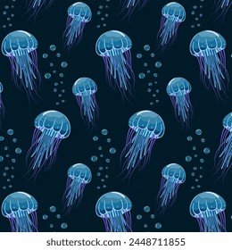 Colored pattern with jellyfish.Vector seamless pattern with bright jellyfish and bubbles on a colored background.