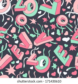 Colored pattern with letters of romantic words for stylish backgrounds.Handwritten romantic seamless pattern in vector.Seamless pattern can be used for wallpapers, pattern fills, web page backgrounds.