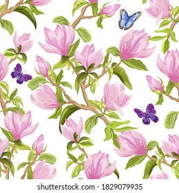 Colored pattern with magnolia and butterflies.Seamless pattern with blooming magnolia and butterflies on a white background.