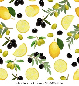 Patrón coloreado de aceitunas y limones.Aceitunas y limones sobre un fondo blanco en un patrón vector de color.