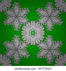 Colored pattern on green background with white elements. White textured curls. Vector white pattern. Oriental style arabesques.