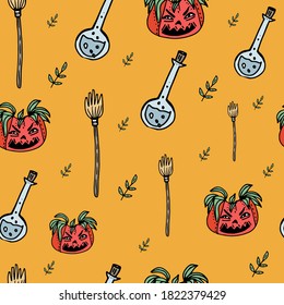 Colored pattern on an orange background.  Scary pumpkin, broom, flask.  Scary, horror, Halloween theme.  Suitable for textiles and flows.