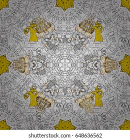Colored pattern on yellow background with white elements. Vector white pattern. Oriental style arabesques. White textured curls.