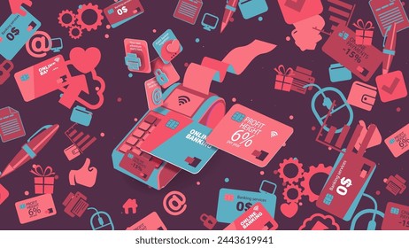 A colored pattern of a payment terminal and pink bank icons. Vector banner