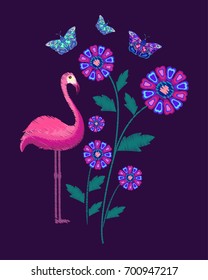 Colored pattern with pink flamingo, flowers, butterflies on dark background, embroidery, trendy pattern, vector illustration