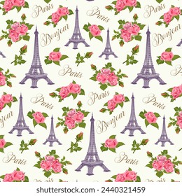 Colored pattern with roses and Paris.Vector seamless pattern with the Eiffel Tower and bouquets of roses on a colored background with text.
