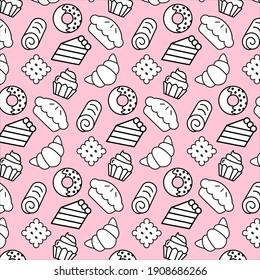 colored pattern and texture, background for bakery and cake business that includes cake piece donuts cookies croissant cubcake and other similiar sweets.
