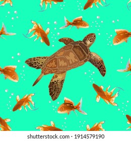Colored pattern with turtle and goldfish.Turtle and goldfish on a colored background in a seamless pattern.