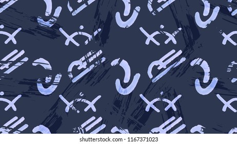 A colored pattern from various hand drawings. Simulation of ancient symbols, rock paintings. The idea of packaging design, wallpaper tiles, textiles