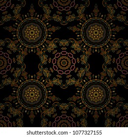 Colored patterns antique. Floral ornament in green, orange and yellow colors on a black background. Vector seamless background.