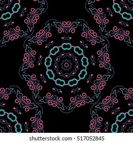 Colored patterns antique. Floral ornament in purple, blue and pink colors on a black background. Vector seamless background.