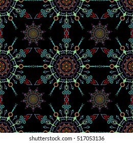 Colored patterns antique. Floral ornament in green, blue and neutral colors on a black background. Vector seamless background.