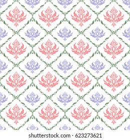 Colored patterns antique. Ornament in green and pink colors. Vector seamless background.