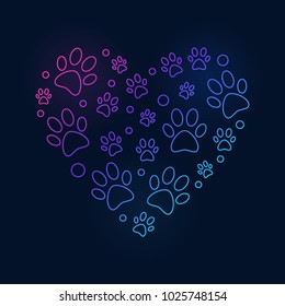 Colored paw prints in heart shape line illustration - vector bright sign made with linear animal's footprints on dark background