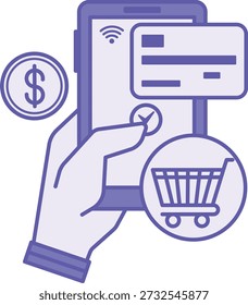 Ícone de pagamento colorido. Ilustração vetorial. Pessoa Pagando por uma Compra via Celular. Cartão de Crédito, Mão Humana, Moeda de Dólar, Wi-Fi e Carrinho de Compras. Banca