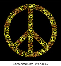 Colored Peace Sign formed by many small peace symbols. Yellow orange illustration on black background.